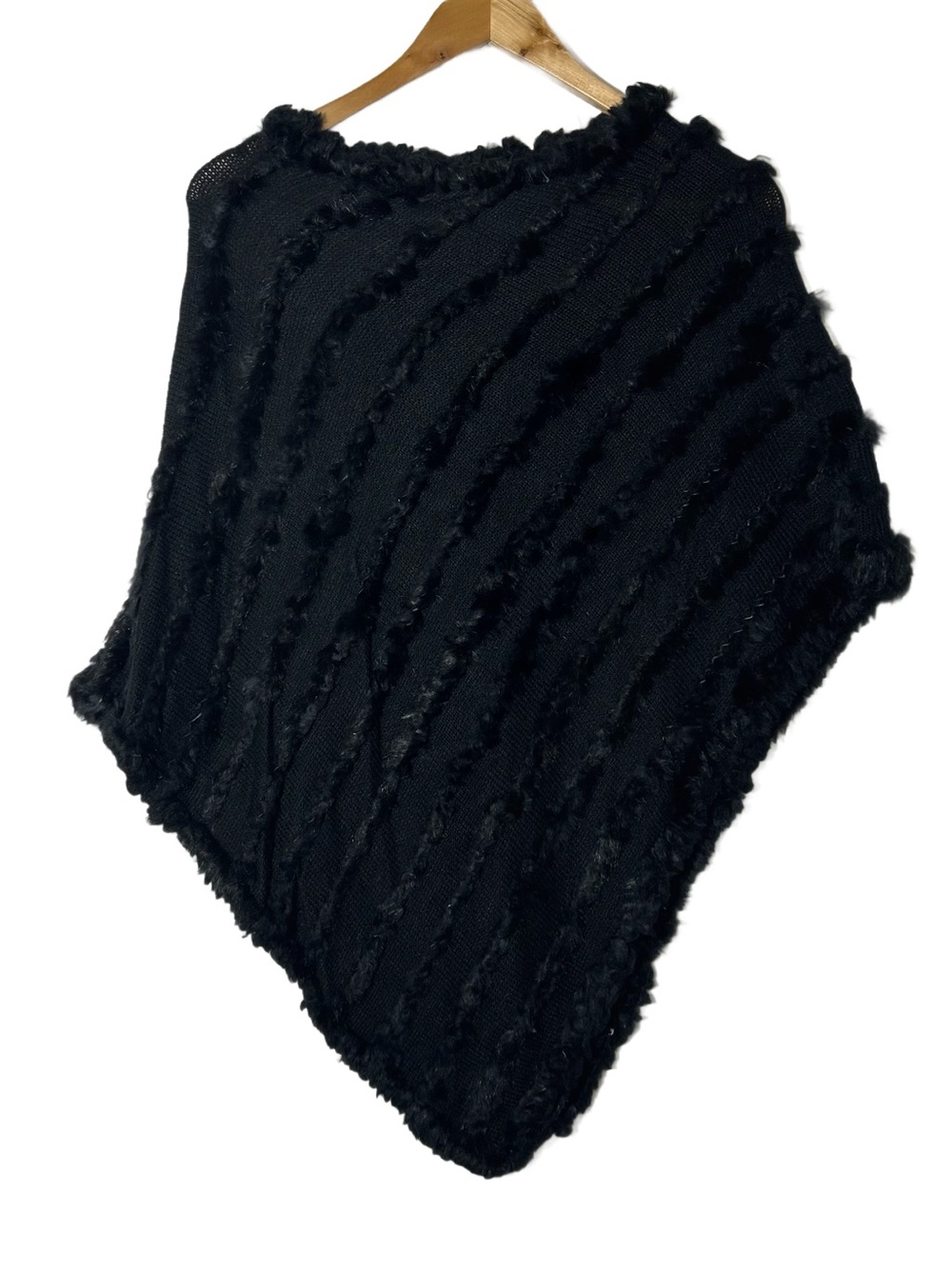 New York & Company Poncho‎ Cape Real Rabbit Fur Accents Black Furry Knit